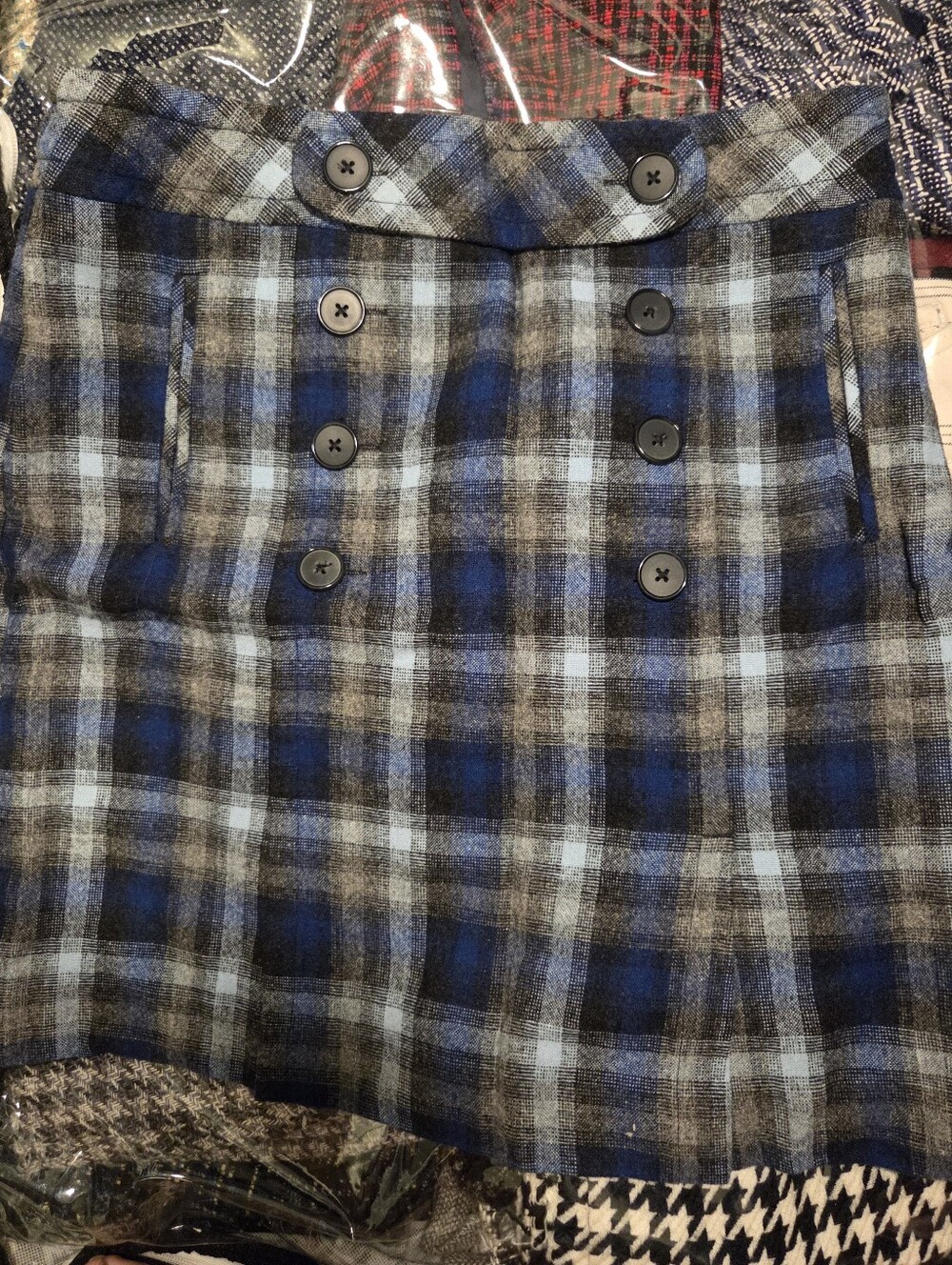 Plaid Double-Breasted Wool-Blend Skirt in Blue and Gray